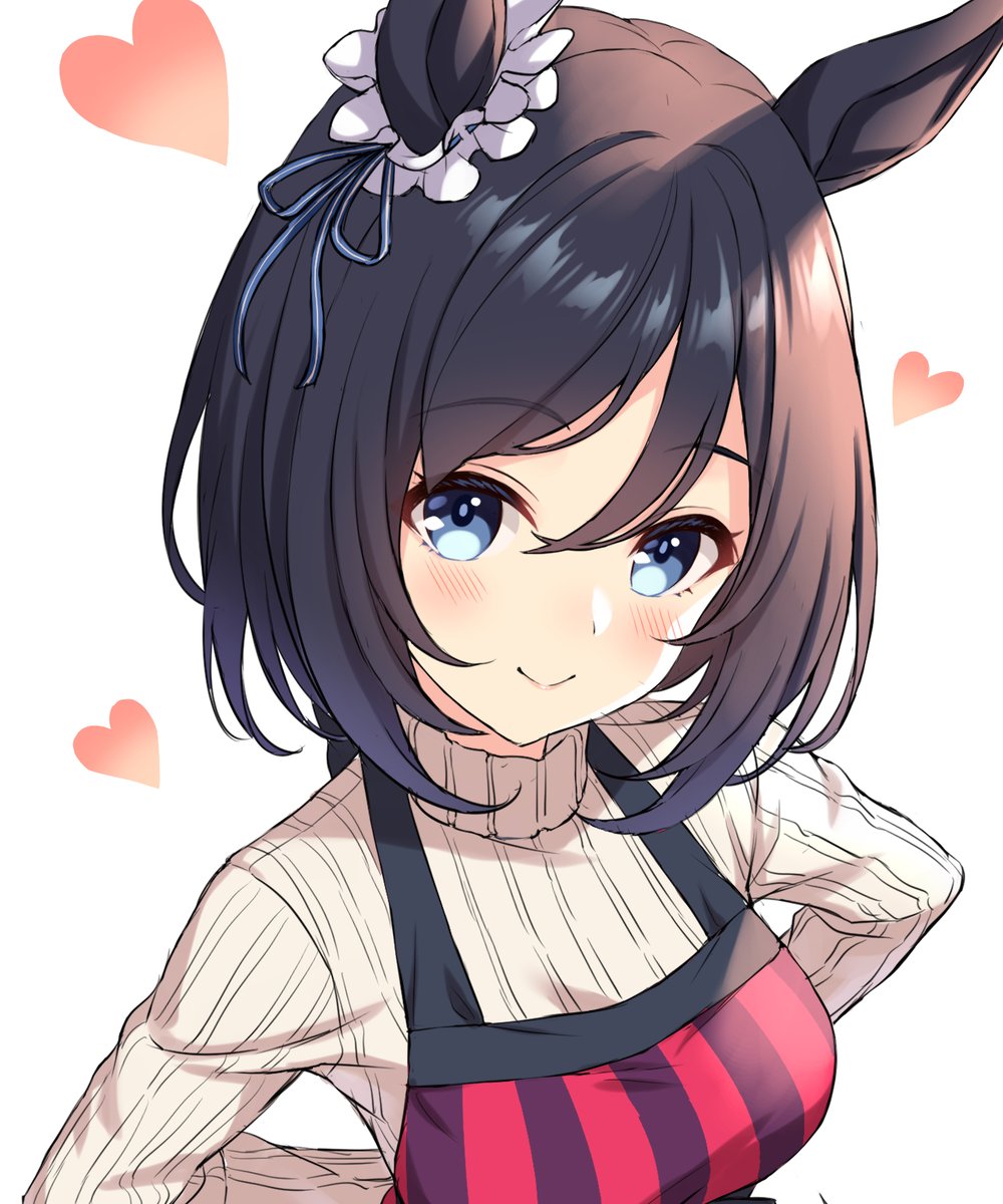 eishin flash (umamusume) 1girl animal ears solo horse ears apron sweater blue eyes  illustration images