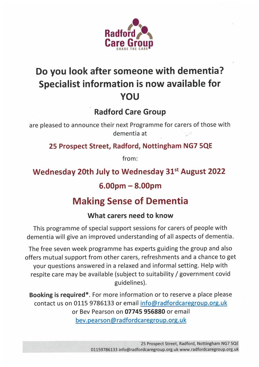 radfordcare's tweet photo. Dates for our summer Dementia Information Programmes are now available. Please get in touch to book your place. #carers #dementiainformationprogramme https://t.co/NMkt6vru3m