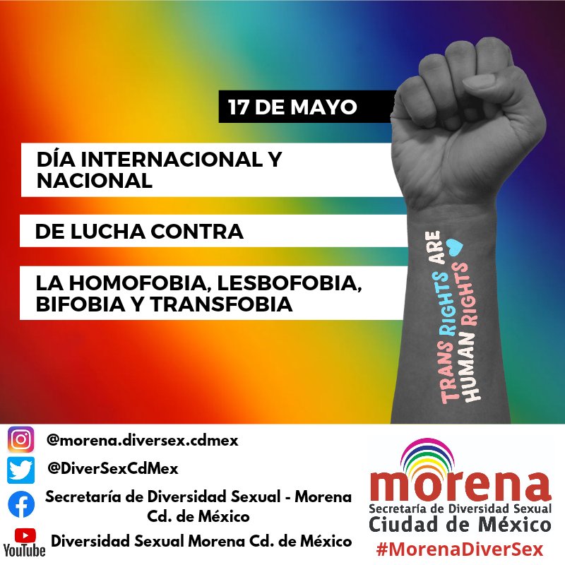 Hoy conmemoramos el #DiaInternacionalcontralaLGBTIFobia mismo que nace por la eliminación de la homosexualidad de la lista de enfermedades mentales en 1990, este día sirve para visibilizar las violencias y discriminación en contra de la diversidad sexual.
#MorenaDiverSex 🏳️‍⚧️🏳️‍🌈💚💜