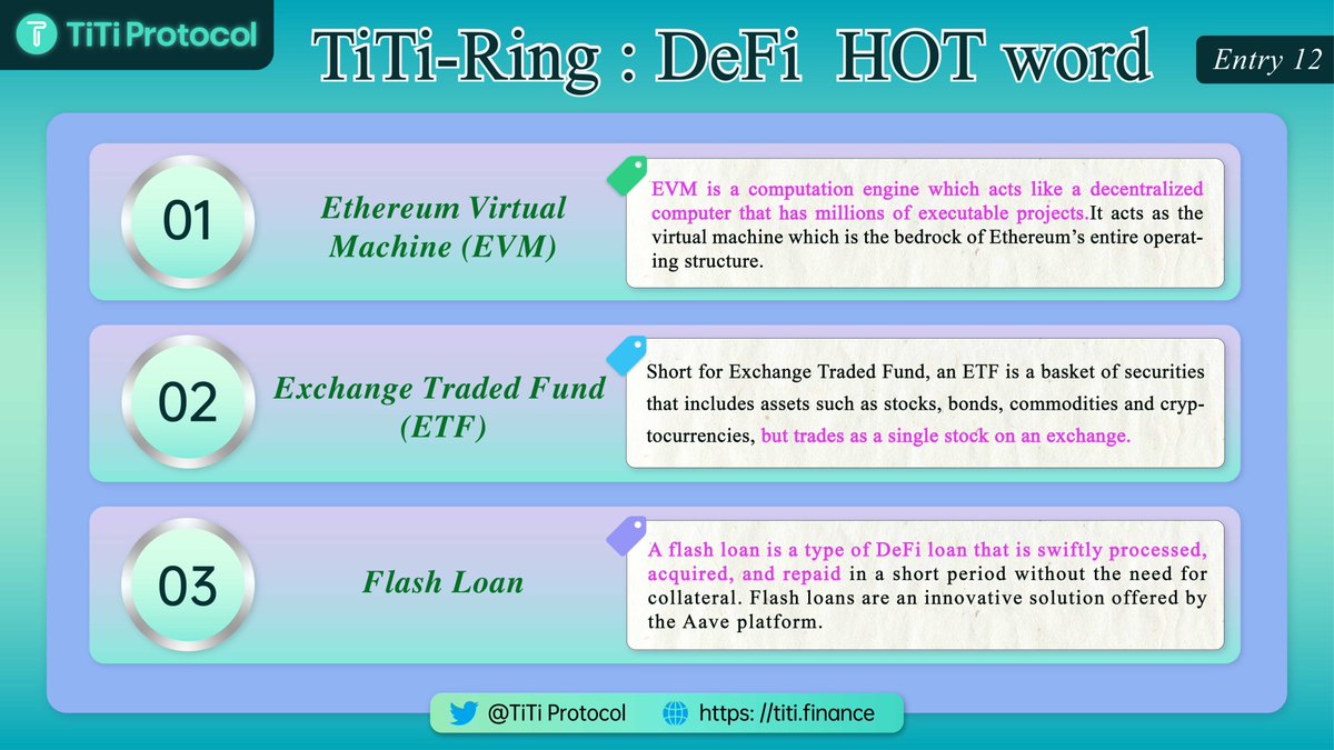 TiTiProtocol's tweet photo. Here's the #DeFi terms you need to know🔥
🌟Entry 12 🌟
1⃣ #EVM ❓
2⃣ #ETF ❓
3⃣ Flash Loan❓
Let's take a look at #TiTiRing👇
#web3 #NFT #defi #Crypto #Metaverse #DAO #Bitcoin #BTC #TiTiProtocol #StableCoin https://t.co/wNf3Ithh7r