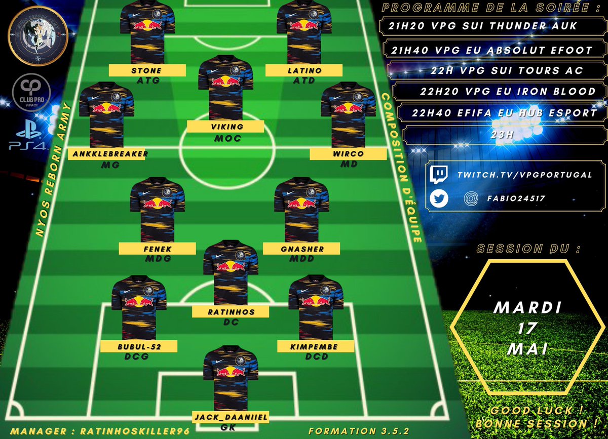Salut à tous voici nos 11 soldats de ce soir qui vont tout donner sur le terrain et nos ramener des points importants dans nos compétitions 💪🏻💪🏻🔥🔥
<a href="/VPGEurope/">Virtual Pro Gaming | Europe</a> <a href="/SwissVPG/">VPG Switzerland 🇨🇭</a> <a href="/EfifaEurope/">ΣFifa Europe</a>