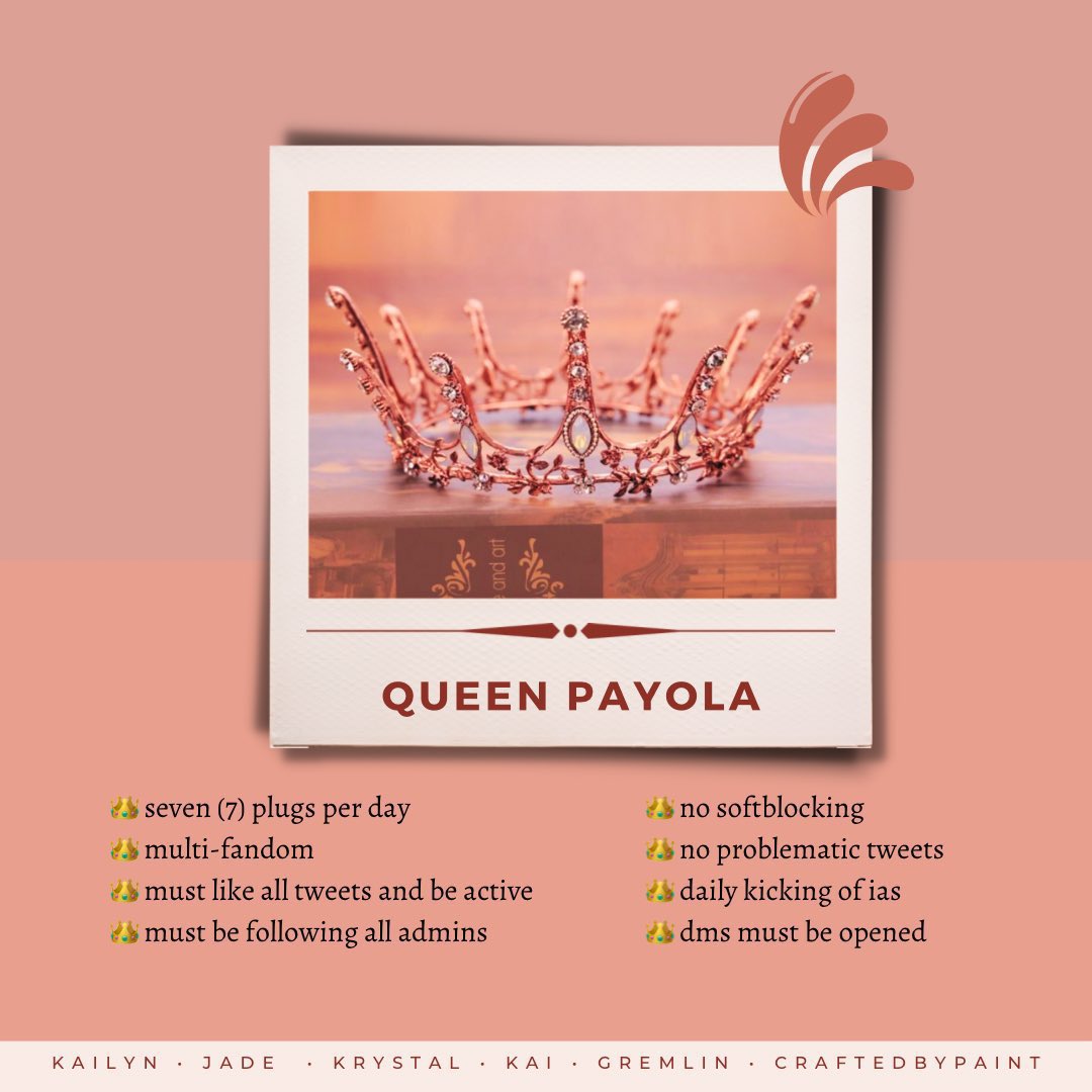 QUEEN PAYOLA IS RECRUITING ACTIVE MEMBERS!
- 60+ likes 
- multi fandom 
- must be active 
- MBF <a href="/queensIikes/">QUEEN</a> 
- MUST have your dms open &amp; following us! 

RT &amp; reply to join - adding in 24 hours!