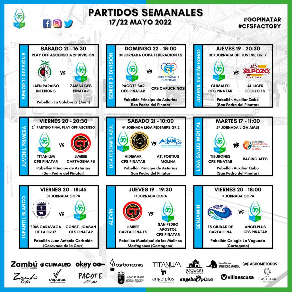 CFS_Pinatar's tweet image. 🥸 Y para finalizar, el Benjamín DH, #Angelplus CFS Pinatar, también jugará la 1ª jornada de Copa en Cartagena contra #FSalaCiudadDeCartagena. 

😎 ¡Suerte a tod@s, chicos! 🥳

#GoPinatar #GoZambú #CFSFactory 💙⚽️💚