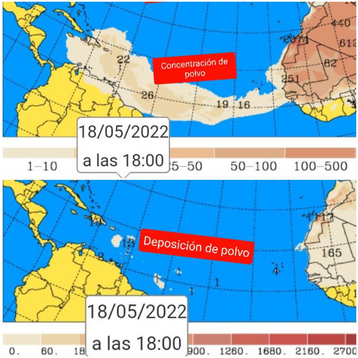 FholguinC's tweet photo. Para q no exista alarma en la población sobre el Polvo del Sáhara quiero informarle:
1-Esta nube de polvo esta a una altura superior a los 7km. 
2-Su concentración es baja. Img superior.
3- Lo que puede llegar a tierra es minimo. ImgInferior.
La población puede estar tranquila. https://t.co/qnQwuhA32T