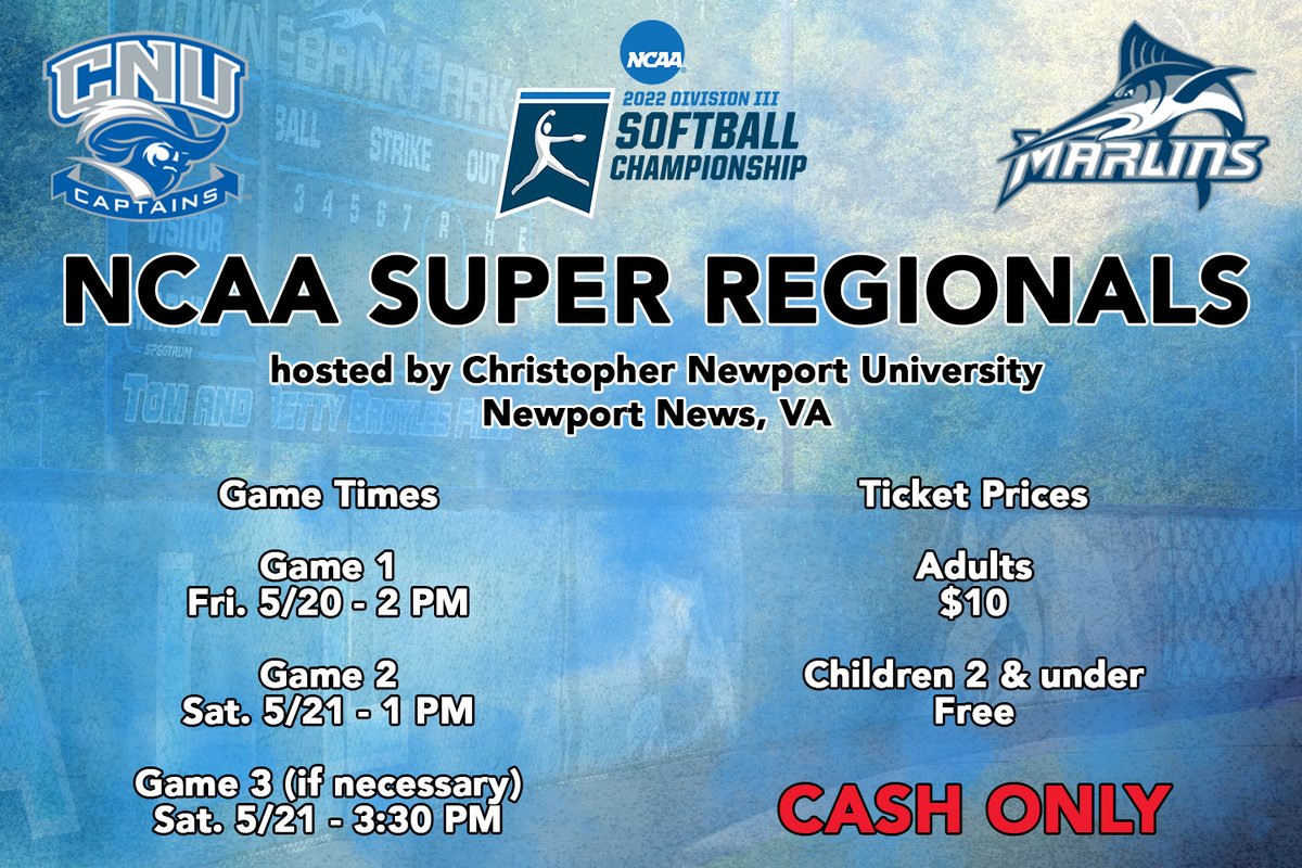 marlinsathletic's tweet photo. It is going to be a great match up between two of the top teams in the country as No. 9 @VWUSOFTBALL heads to No. 1 @CNUSoftball this Fri. &amp; Sat. for the Super Regionals of the @NCAADIII Championship Tournament! 

📍, 📅, ⏰, &amp; 🎫 info in the graphic attached.
#WeTheBeach #FinsUp https://t.co/7erW6yj5EL