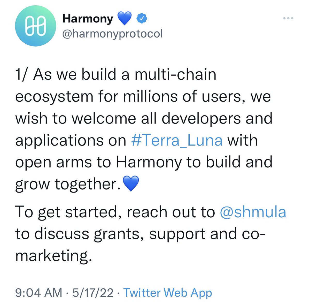 kratos_harmony's tweet photo. .@harmonyprotocol welcomes all developers &amp; applications on #Terra_Luna w/ open arms to #HarmonyONE to build &amp; grow together via grants, support &amp; co-marketing 💙 @terra_money family, $ONE is for everyONE 🙌 #Terra $LUNA #Crypto #Blockchain #Polygon @Cointelegraph @crypto @Forbes https://t.co/jAht3ftDDP