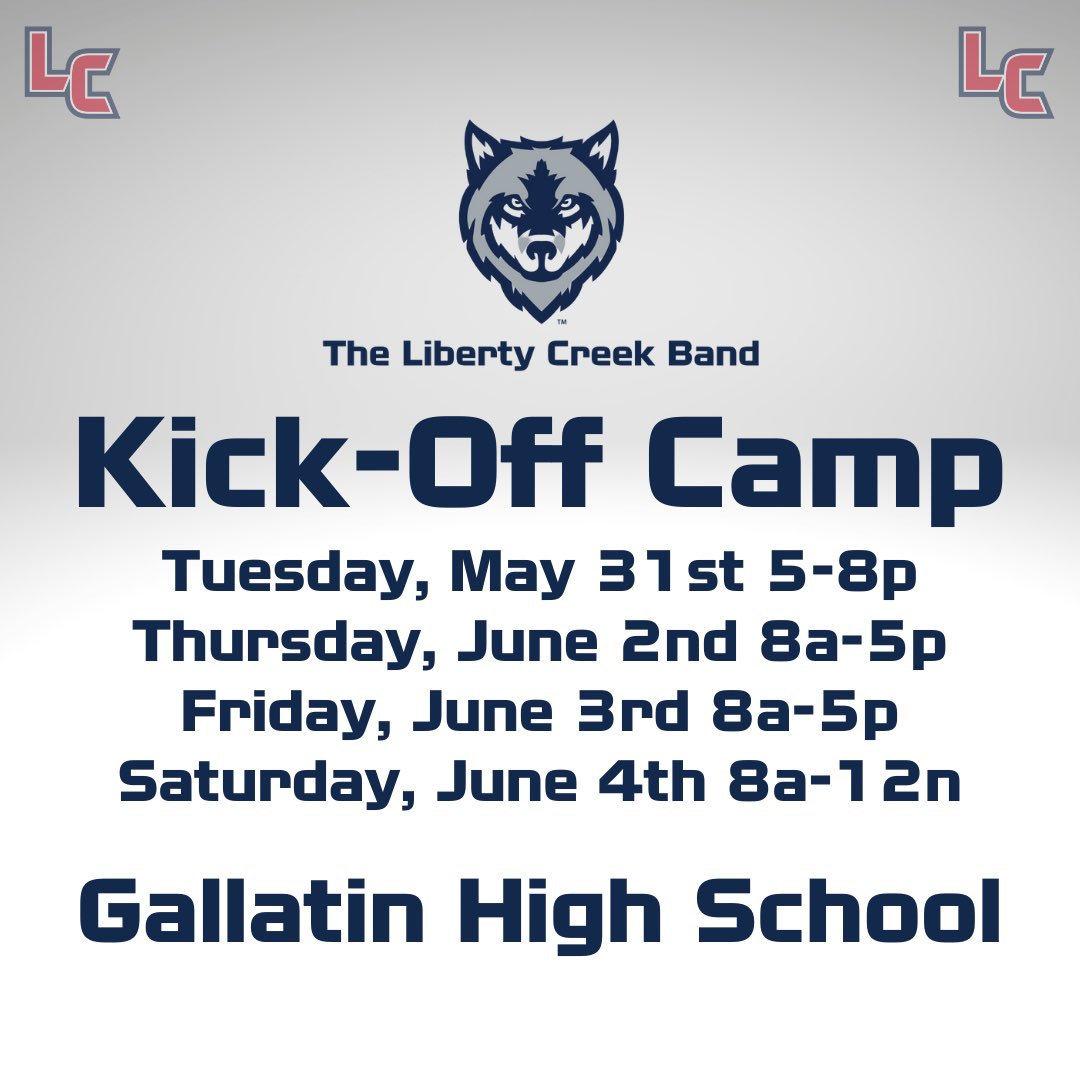 LCWolvesBand's tweet image. Kick-Off Camp is TWO WEEKS AWAY! We are PUMPED! Gallatin High School is graciously hosting us. This camp is for ALL HIGH SCHOOL BAND STUDENTS and ANY 7th and 8th graders interested in marching band. Plan for there to be a parent meeting at 6:30p on Tuesday. @LCHSWolves
