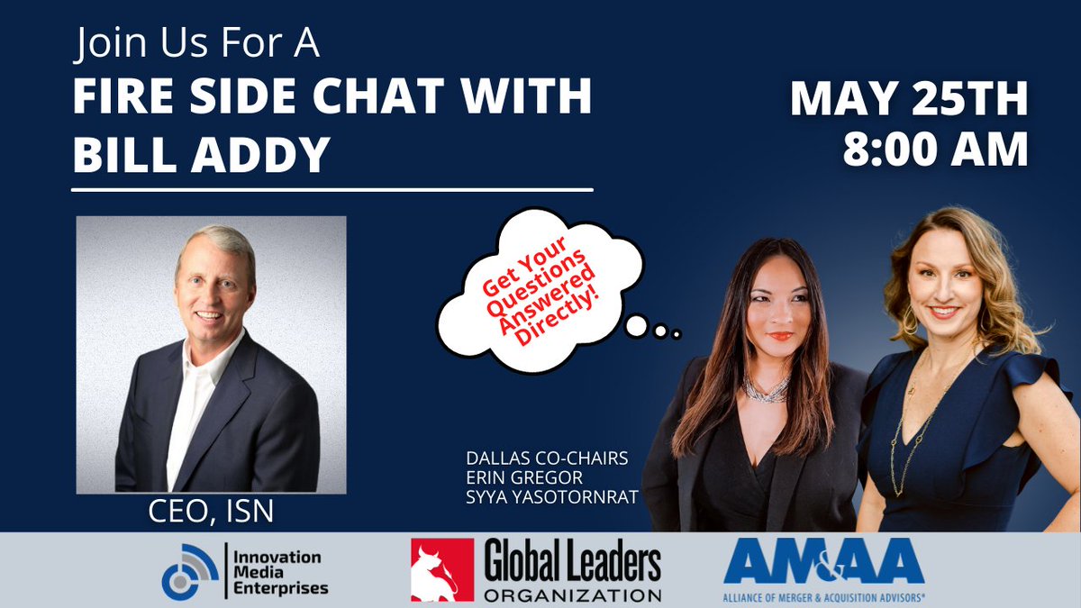 May 25th, 8:00am CST -MAY #Dallas Chapter Meeting with <a href="/GlobalLeaderOrg/">Global Leaders Organization (GLO)</a> and The Alliance of Mergers &amp; Acquisition Advisors

Register: eventbrite.com/e/fire-side-ch…