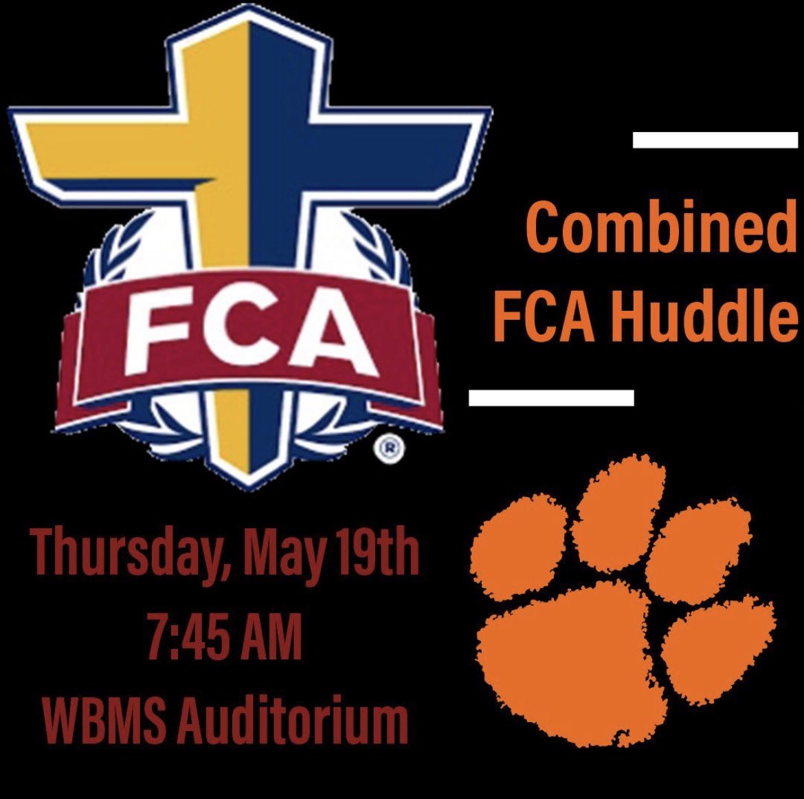 ‼️WBHS students: we will have our LAST FCA huddle of the year this Thursday morning @ WBMS! Hope all of you can join us for a great morning of fellowship‼️