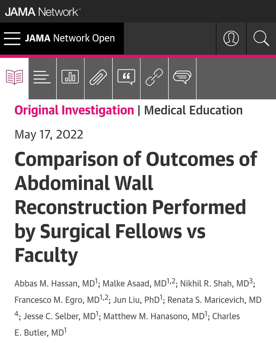 AbbasHassanMD's tweet photo. Excited to share our lastest work @JAMANetworkOpen. Surgical trainee autonomy results in safe long-term outcomes comparable to those of faculty.
Next steps to increase appropriate surgical trainee autonomy need to be taken by @acgme @AmBdSurg @AmCollSurgeons https://t.co/LLoLXBQIpw