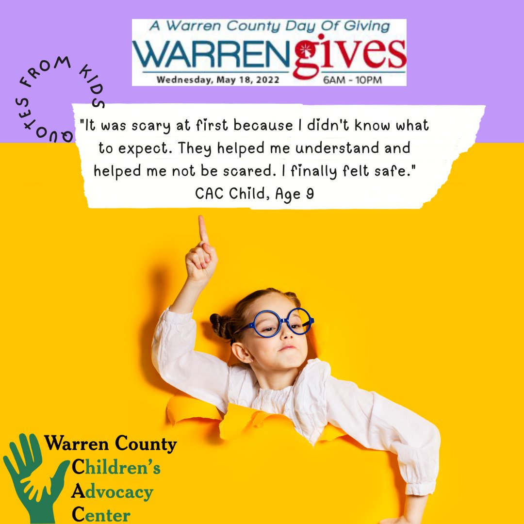 #WarrenGives2022 is tomorrow! Visit warrencac.org and make sure you scroll to the bottom and select "Warren County Children's Advocacy Center" for a charity of choice. #endchildabuse #wccac #ittakesavillagewccac
