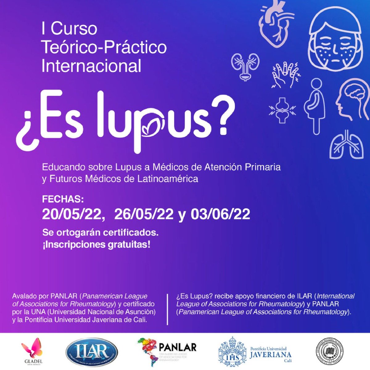 ReumaJoven's tweet photo. GLADEL, ofrece Curso online sobre lupus para médicos generales/de familia y estudiantes de medicina. 
Inscripciones gratuitas aquí: https://t.co/jUNWeD1WEC
Programa del curso aquí: https://t.co/ol8MufjjZF
@ivette_pataki , @lilito_cano, @ColMexReuma, @LupusRgmx https://t.co/GzLxuVN0ll