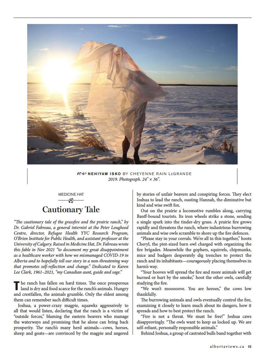 gabefabreau's tweet photo. My 1st piece of satirical fiction just published in @AlbertaViewsMag. "A Cautionary Tale"

It's about a ranch in #Alberta &amp; how its animals deal w a grassfire. 

Who do you think the characters are?

"The Ranch has fallen on hard times..."

#abpoli #abhealth #COVID19 #cdnhealth https://t.co/AQwhQ27okc