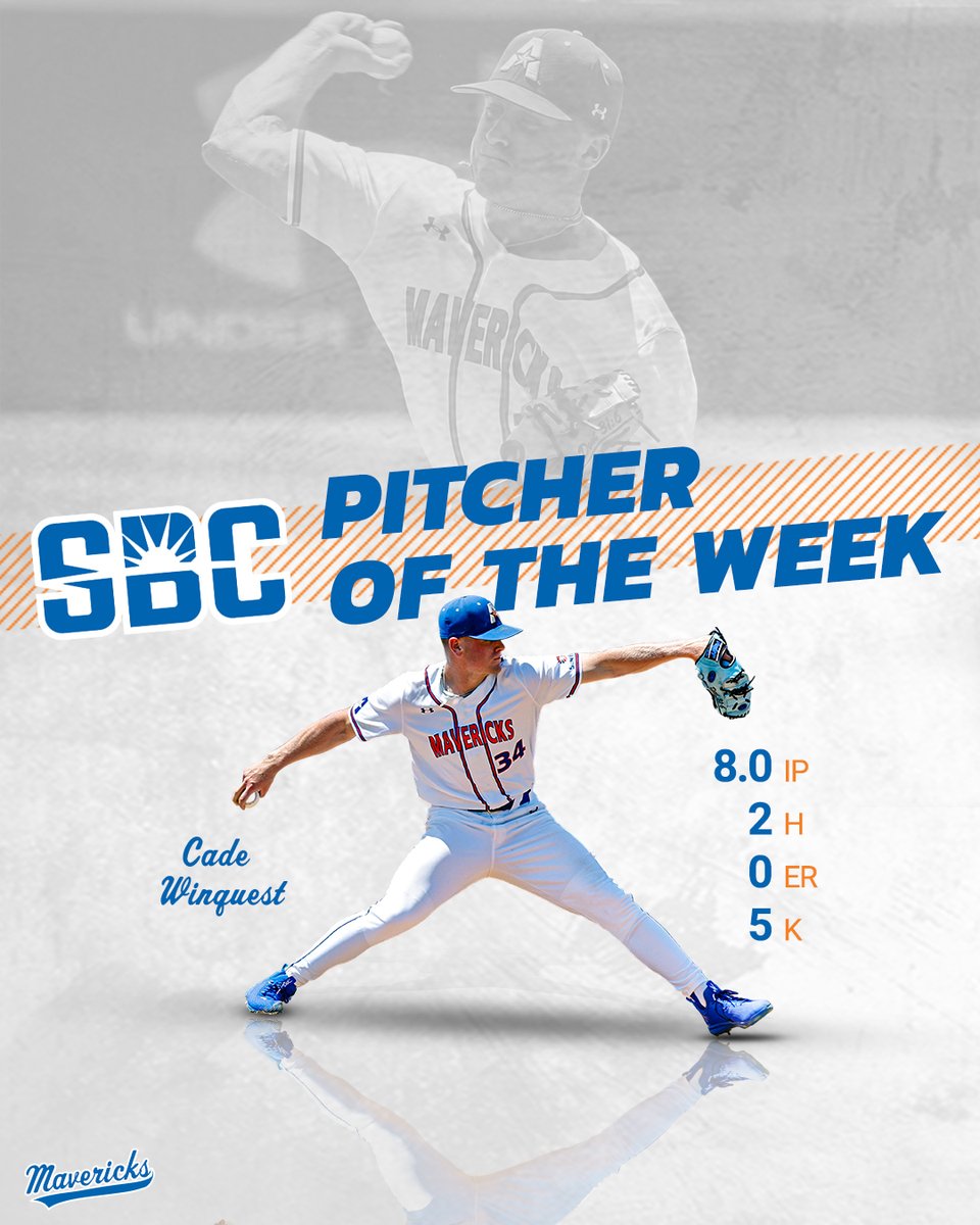 UTAMavsBSB's tweet photo. 𝗔𝗟𝗟 𝗛𝗘 𝗗𝗢𝗘𝗦 𝗜𝗦 𝗪𝗜𝗡(quest)

Cade Winquest threw a career-high 8️⃣ shutout innings on Sunday and has been named the @SunBelt Pitcher of the Week!

#MavUp https://t.co/f9ZRp6qBLv