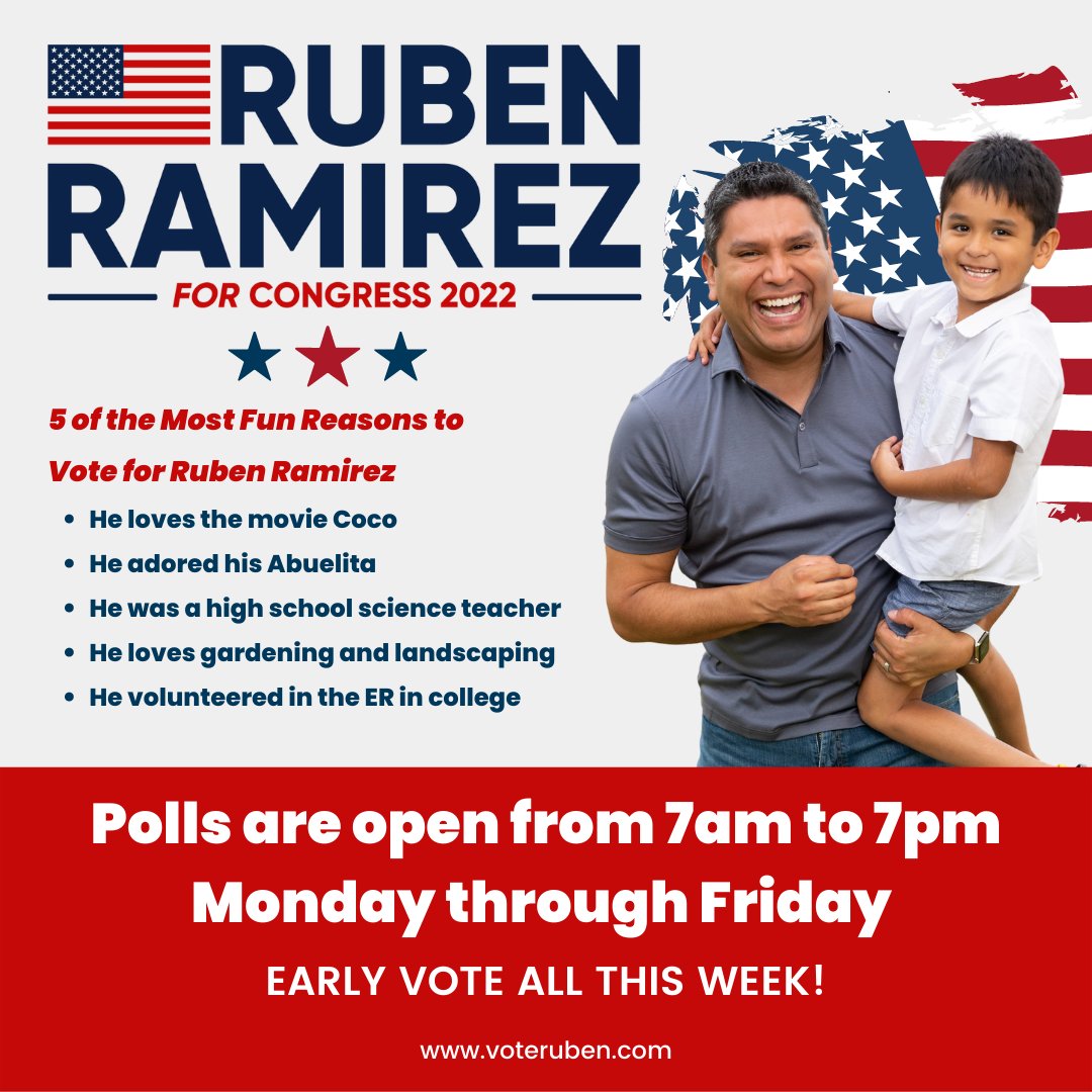 rubentx15's tweet photo. Thinking about early voting today? Here are five of the most FUN reasons to vote for Ruben! 

Polls are open until Friday from 7am to 7pm - we'll see you there! 🙏🏼🇺🇸 #TX15 #ReadyToLead #Veteran https://t.co/Z0lPtll3yD