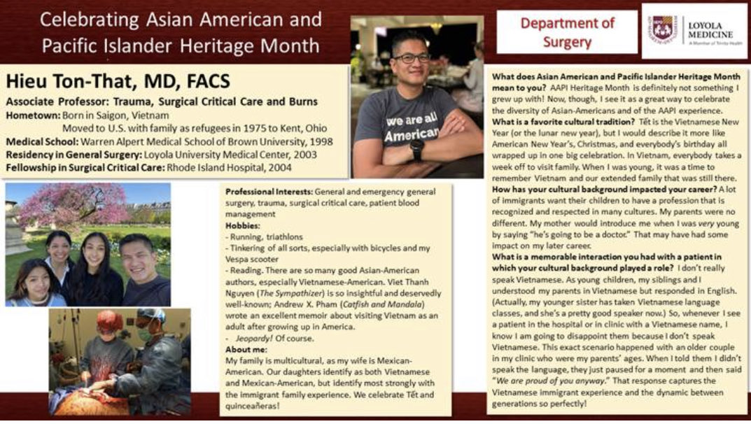 loyolasurg_dept's tweet photo. Celebrating Asian American and Pacific Islander Heritage Month. We would like to recognize Dr. Hieu Ton-That, faculty in the division of the Trauma, Surgical Critical Care, and Burns within the department of surgery at LUMC. #diversityinsurgery @LoyolaSurgery https://t.co/3qRNTL693w