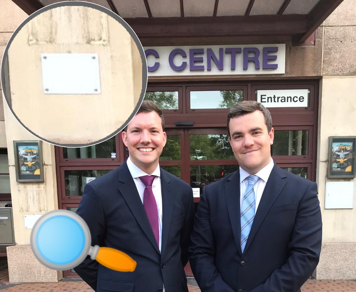 MarkGale's tweet photo. Where better to take a photo of the new Cabinet Member for Finance, than next to the removed #MerantunDevelopmentLtd plaque, the company is in final stages of closure after losing the council £2.1M - a "Tried & Tested", "For Profit" company overseen exclusively by @MertonLabour https://t.co/Zqnx4WwHcc