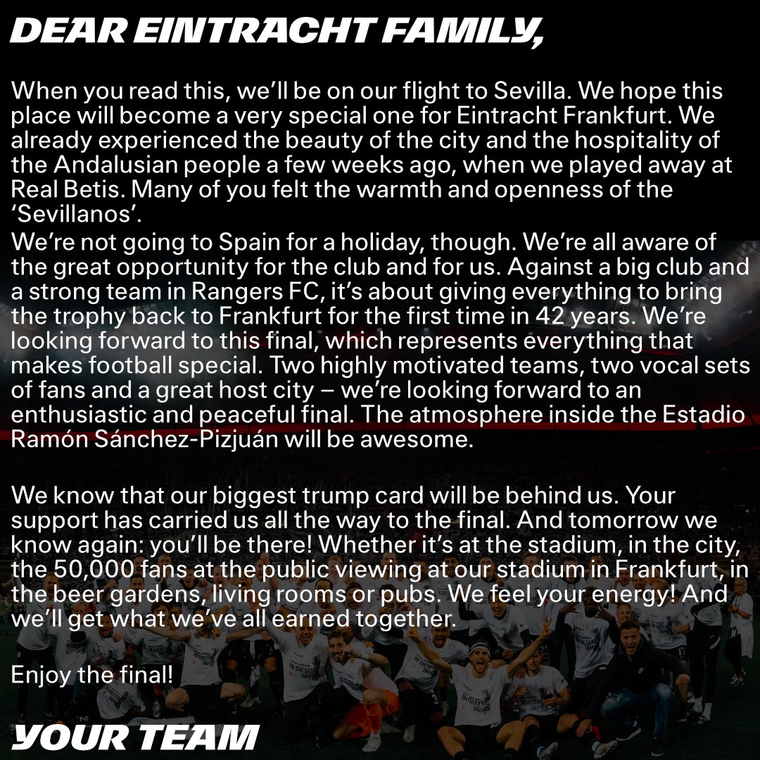 eintrachtint's tweet photo. Must read! ⚠️

An open letter from our team to all Eintracht fans across the world. ✉️❤️

#SGEuropa #SEVILLJAAAAA #SGERFC
