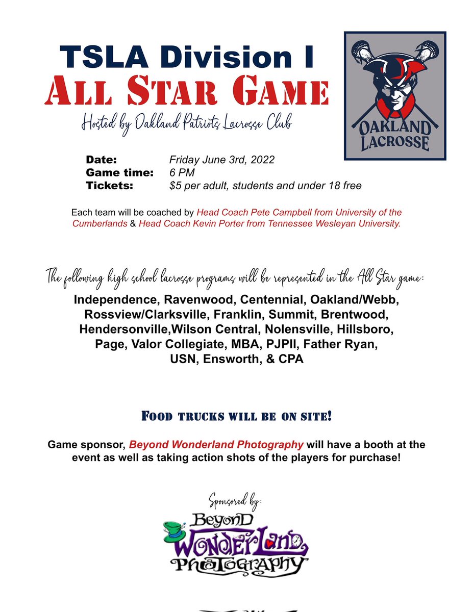 Oakland Patriots Lacrosse (@ohspatslacrosse) on Twitter photo <a href="/OHSPatsLacrosse/">Oakland Patriots Lacrosse</a> is proud to announce that on June 3rd we will be hosting TSLA All Star Game! Come see the best players in mid Tennessee! <a href="/SiegelLax/">Siegel Lacrosse</a> <a href="/LaxRavenwood/">Ravenwood Raptors boys Lacrosse</a> <a href="/WCWildcatsLax/">Wilson Central Lacrosse</a> <a href="/HillsboroLax/">Hillsboro Lacrosse</a> <a href="/LaxBrentwood/">Brentwood High Boys Lacrosse</a> <a href="/fhsrebelslax/">FHSLAX</a> <a href="/FatherRyanLax/">Father Ryan Men’s Lacrosse</a> <a href="/EnsworthLax/">Ensworth Lacrosse</a> <a href="/patriotslaxclub/">Page Boys Lacrosse</a> <a href="/HvilleLacrosse/">Hendersonville Lax</a> <a href="/OHSPatsLacrosse/">Oakland Patriots Lacrosse</a> is proud to announce that on June 3rd we will be hosting TSLA All Star Game! Come see the best players in mid Tennessee! <a href="/SiegelLax/">Siegel Lacrosse</a> <a href="/LaxRavenwood/">Ravenwood Raptors boys Lacrosse</a> <a href="/WCWildcatsLax/">Wilson Central Lacrosse</a> <a href="/HillsboroLax/">Hillsboro Lacrosse</a> <a href="/LaxBrentwood/">Brentwood High Boys Lacrosse</a> <a href="/fhsrebelslax/">FHSLAX</a> <a href="/FatherRyanLax/">Father Ryan Men’s Lacrosse</a> <a href="/EnsworthLax/">Ensworth Lacrosse</a> <a href="/patriotslaxclub/">Page Boys Lacrosse</a> <a href="/HvilleLacrosse/">Hendersonville Lax</a>