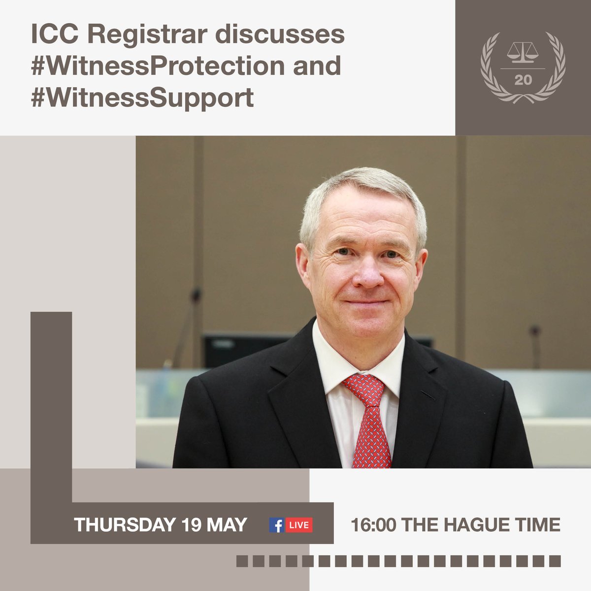 IntlCrimCourt's tweet image. Thursday, 19 May at 16:00 (The Hague time): Watch the #ICC’s Facebook Live, as the ICC Registrar discusses #WitnessProtection and #WitnessSupport  
🎥 Live on Facebook ➡️ facebook.com/InternationalC…
#MoreJustWorld