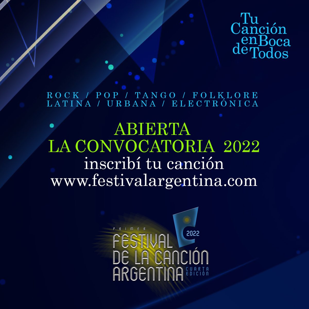 Llego el día! Convocatoria 2022!! Ya podes inscribir tu canción en festivalargentina.com 
Se parte del mayor festival de la canción 🇦🇷 argentina. Año tras año crece y vos no podes quedarte afuera!
#pop #folklore #rock #tango #latina #urbana #electronica #festivalargentina2022