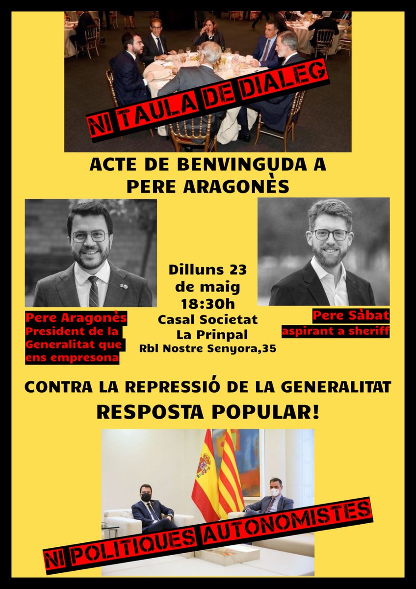 Dilluns 23 de maig el president de la Generalitat Pere Aragonès, un dels responsables de la repressió contra el poble català, serà a Vilafranca! El govern d'ERC és còmplice de les polítiques classistes que duran el nostre company @Adrian__Sas a la presó! Rebem-lo com es mereix!✊