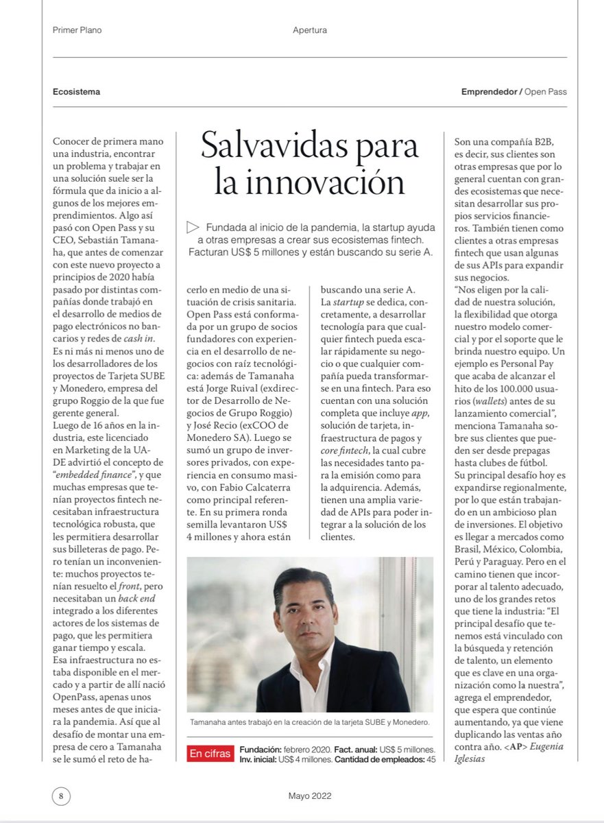 openpassAR's tweet photo. 💬 "Nos eligen por la calidad de nuestra solución, la flexibilidad que otorgamos y el soporte que brinda nuestro equipo".
@SebaTamanaha, nuestro CEO, estuvo charlando con Revista Apertura sobre el origen de OpenPass y los principales desafíos.
👇🏻Leé la nota completa acá https://t.co/4KMgwn8r39