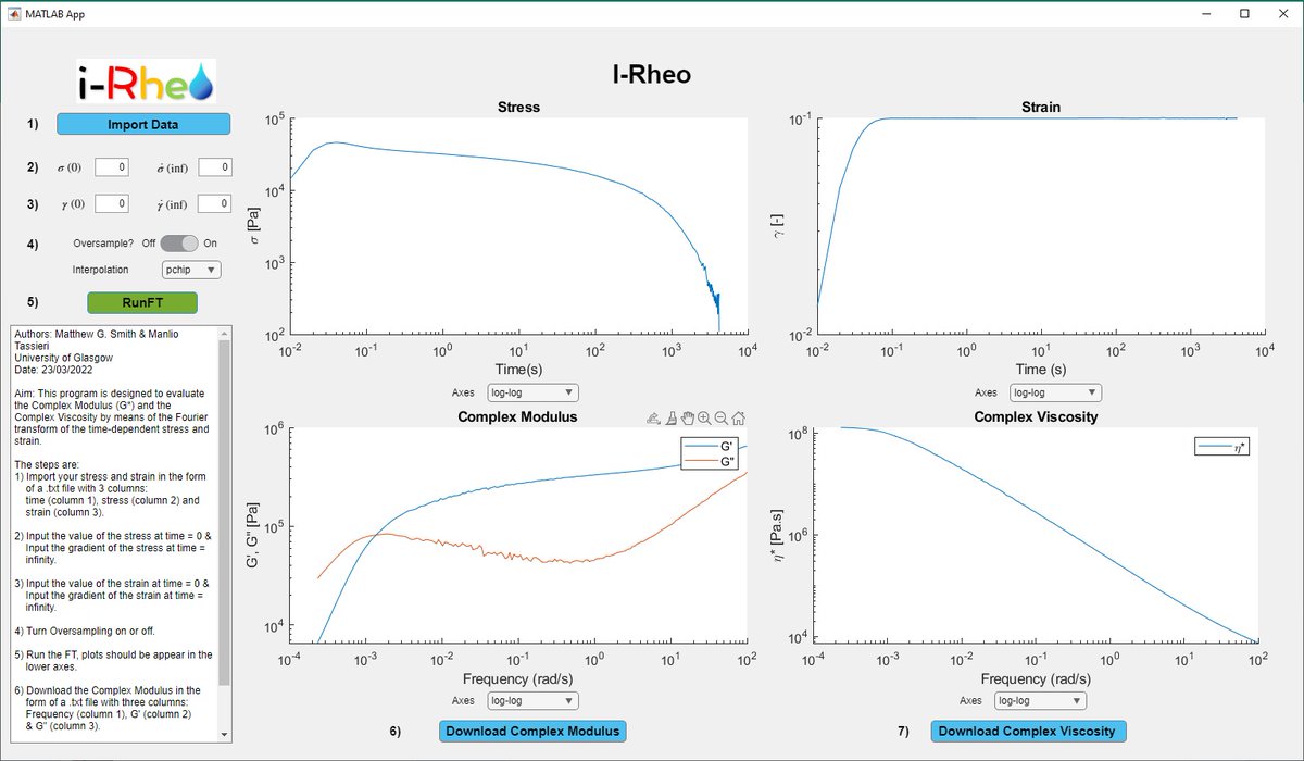 ManlioTassieri's tweet image. I am excited to announce that a new #MATLAB based #executable of i-Rheo is now available from: researchdata.gla.ac.uk/1289/
DOI: 10.5525/gla.researchdata.1289
Read more: lnkd.in/gdHvufFa
#Rheology #complexfluids #softmatter #stressrelaxation #creep