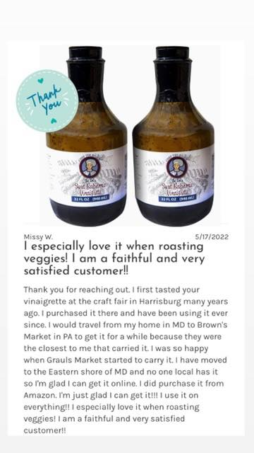 ChefTimFoods's tweet photo. Customer reviews make us so happy!!!
Thank You Missy
#CustomerReview #ThankYou #OurCustomersAreTheBest
#ChefTimsSweetBalsamicVinaigrette #RoastedVeggies #FaithfulAndSatisfiedCustomer
#ChefTimFoods #familyowned
#ShakeShakeShakeDontRefrigerate
#glutenfree #DressingandMarinade https://t.co/NhCFd9Fv9c