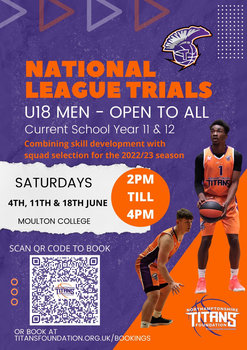 TitansFamily_'s tweet photo. NATIONAL LEAGUE TRIALS 💥

U18 Men 🏀

Make sure to book your place using the QR code or link 💻 https://t.co/DGqBeuIcPN