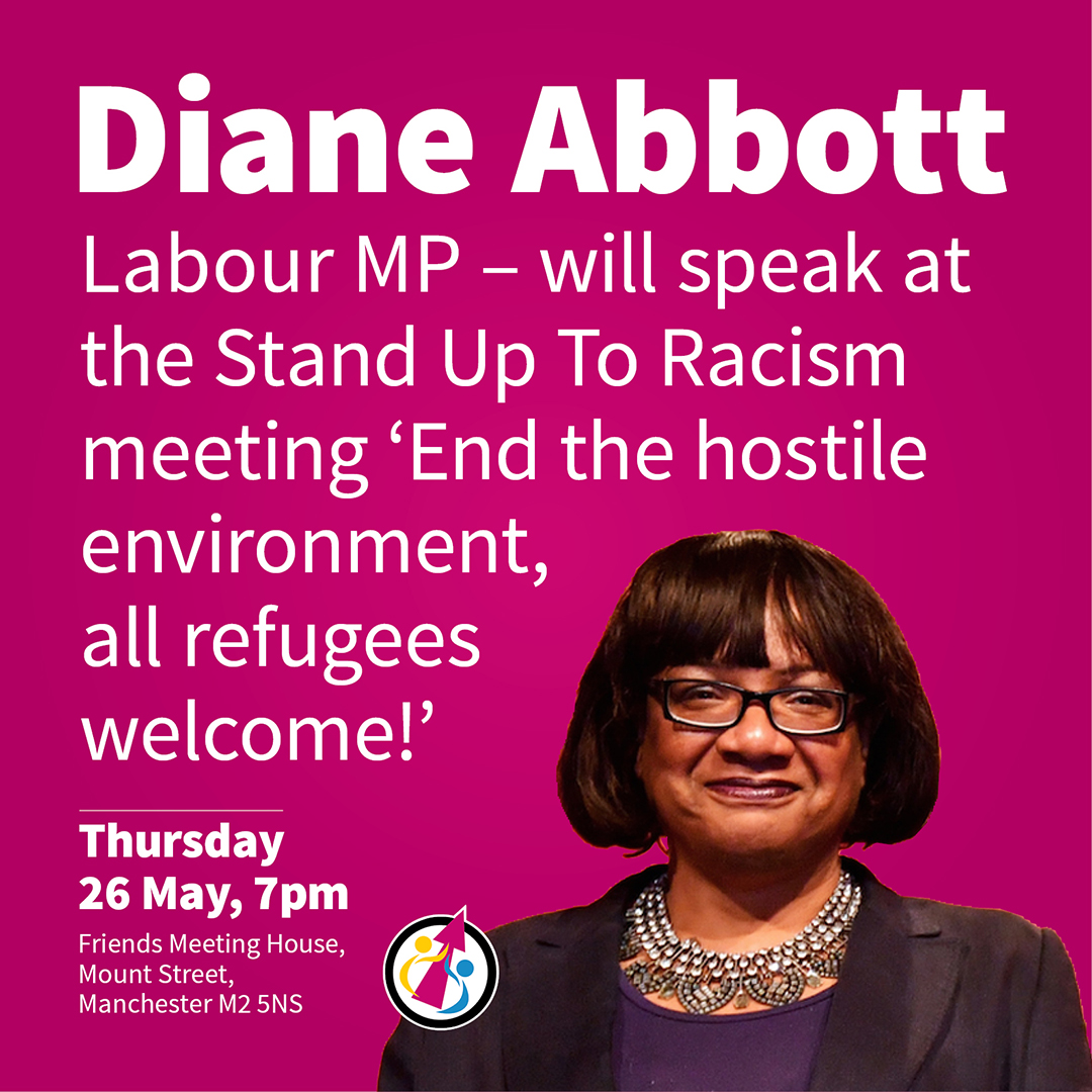 Join <a href="/HackneyAbbott/">Diane Abbott</a> at #Manchester meeting: From 'Rwanda offshoring' to the Nationality &amp; Borders Act - We say All Refugees Welcome! With <a href="/BishManchester/">David Walker</a> &amp; Rabbi Warren Elf &amp; <a href="/weymanbennett1/">Weyman Bennett</a> Stop #RwandaMigrationPlan #AllRefugeesWelcome 7pm Thurs 26 May <a href="/AntiRacismDay/">Stand Up To Racism</a>