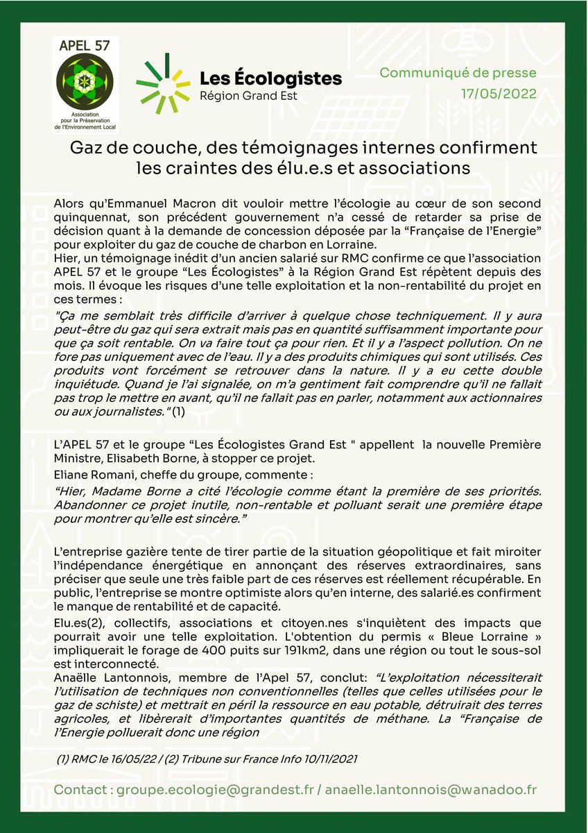 GrandEstEcolo's tweet photo. Un ancien salarié de la société qui veut exploiter du gaz de couche en #Lorraine confirme que ce projet sera polluant, non rentable et totalement inutile.

@Elisabeth_Borne: votre première priorité est l'#Ecologie 👉prouvez-le en stoppant ce projet !

Notre communiqué de presse👇 https://t.co/yXXZZkCb6t