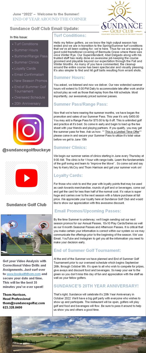 Sundance Golf Club Summer Newsletter Release
