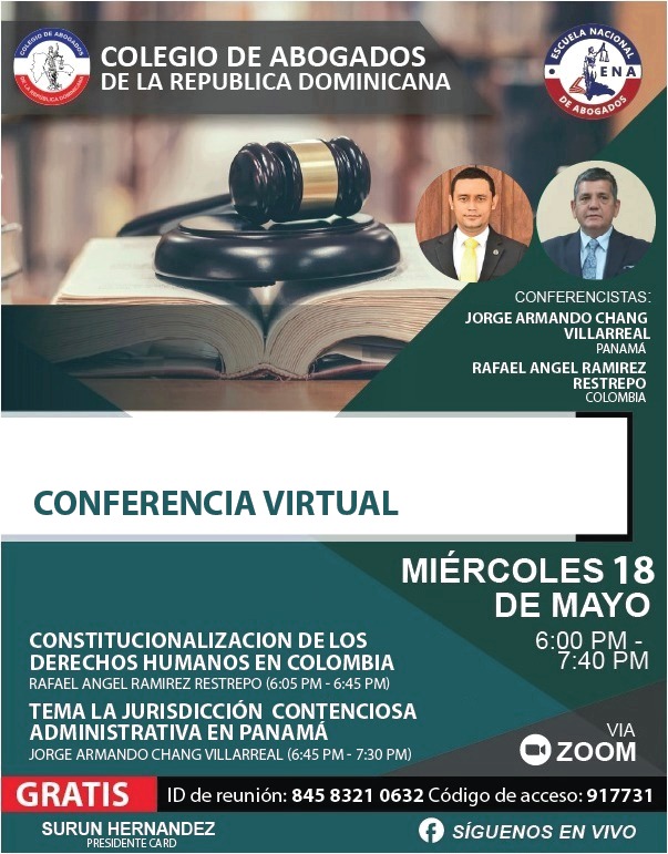 IEESARD's tweet photo. Participa en nuestra Conferencia Virtual de la mano de expertos internacionales, este miércoles 18 de mayo, de 6:00 p.m. a 7:40 p.m. a través de la plataforma Zoom.

ID Zoom: 845 8321 0632
Código de acceso: 917731

#ena 
#card 
#abogadosrd 
#conferenciavirtual https://t.co/spY2CodZeS