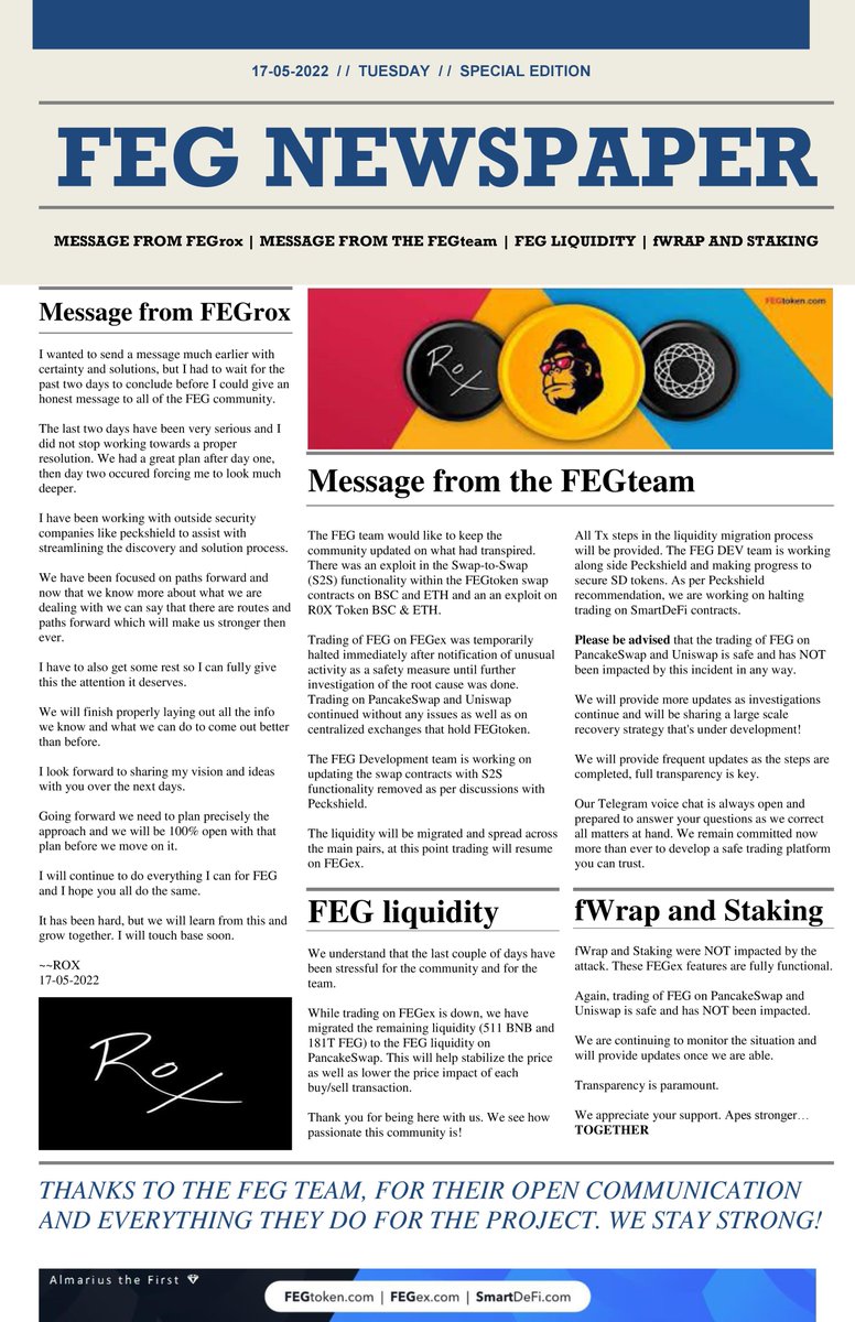 tuberculosmimim's tweet photo. Special edition of the #FEGnewspaper🗞️Topics
🦍Message from FEGrox (@lifeisdefi)
🦍#FEGtoken liquidity
🦍#fWrap and Staking
🦍Message from the #FEG team
It is great to see how passionate the community is! The community and the team will make 
@FEGtoken 
by @Almarius3 https://t.co/c2hM3waLgq