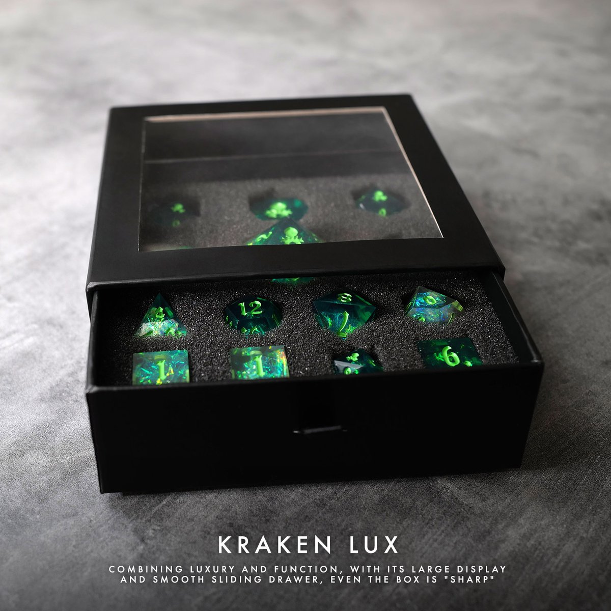 KrakenDice's tweet photo. With custom display boxes, sharp edges for more dramatic stopping, and hand-polished finishes, the Kraken LUX dice collections will be some of the most luxurious looking and feeling sets we offer.

All New Kickstarter 5/17/22 at 11AM PDT.
 https://t.co/J0NsEYRtRq 

#KrakenLux https://t.co/KQ9UaXncVo