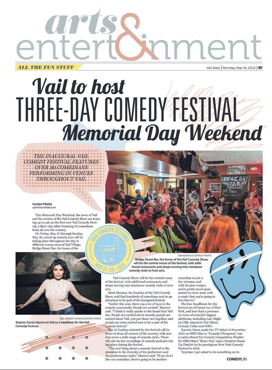 themarkmasters's tweet photo. Great article yesterday in @VailDaily about May 27-29 @vailcomedyfest with a mention of @podpanicattack pictures of @NotSteveRogers and @StartsWithanX a quote from @caitlinpeluffo and mentions of #UsamaSiddiquee and #KevinFitzgerald (Dr. Kev) get passes at https://t.co/prUjp5gk94 https://t.co/OiZMW9sSuE