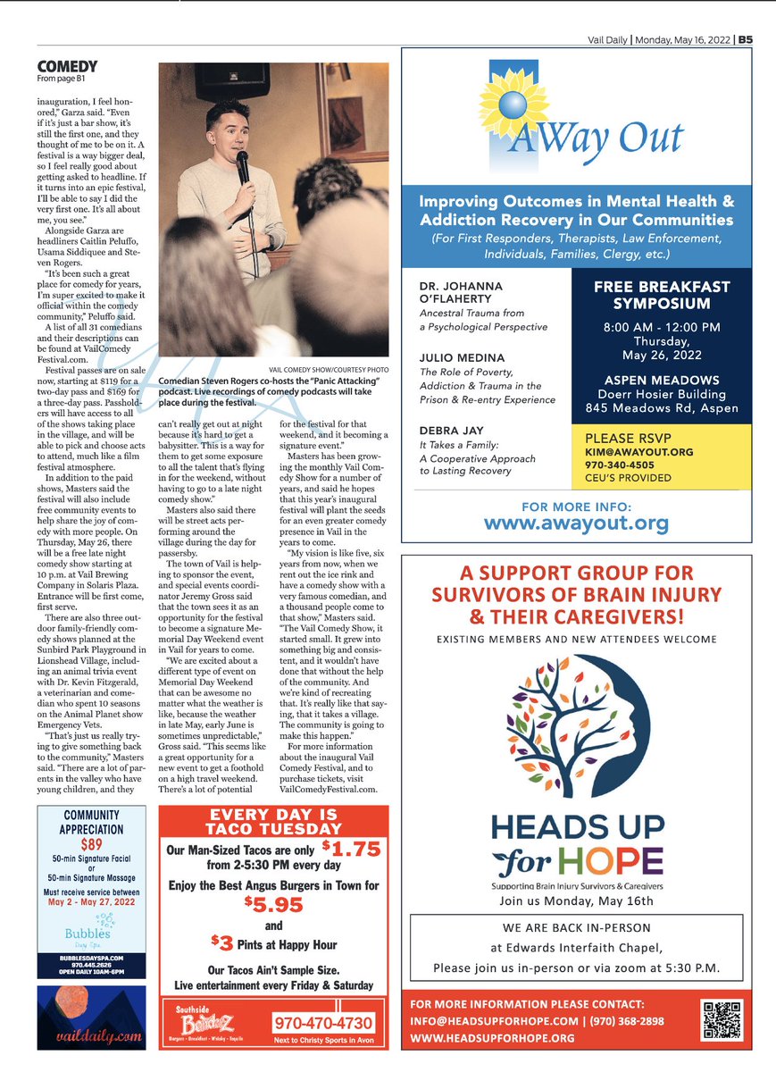 themarkmasters's tweet photo. Great article yesterday in @VailDaily about May 27-29 @vailcomedyfest with a mention of @podpanicattack pictures of @NotSteveRogers and @StartsWithanX a quote from @caitlinpeluffo and mentions of #UsamaSiddiquee and #KevinFitzgerald (Dr. Kev) get passes at https://t.co/prUjp5gk94 https://t.co/OiZMW9sSuE