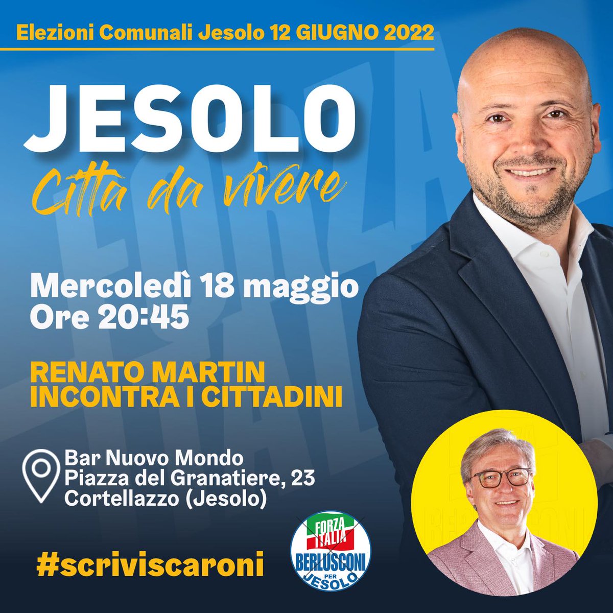 gbscaroni's tweet photo. Domani, mercoledì #18maggio a partire dalle ore 20.45, sarò al Bar Nuovo Mondo di Cortellazzo, in compagnia del candidato sindaco di #Jesolo Renato Martin, per confrontarci con i cittadini.
Non mancate!

#JesoloCittàdaVivere #ScriviScaroni #RenatoMartinSindaco https://t.co/wsvdLmsAX3