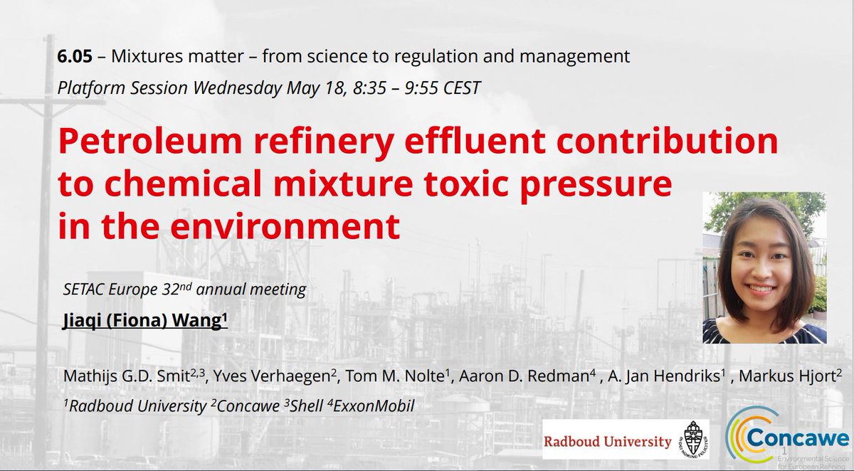 Don't miss out my presentation tomorrow morning about our recent work with Concawe on the contribution of petroleum refinery effluents to chemical pollution in the environment!

Wednesday at 09:25 CEST at B4 Room M3-4!
@SETAC_world  #SETACCopenhagen