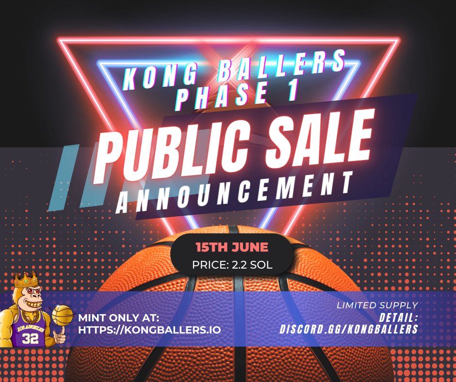 Public sale 
Date: 15th June
Price: 2.2 SOL (can purchase by credit card)
Quantity: if there is any left over from presale.
URL: kongballers.io (only mint from this URL, all others are fake)