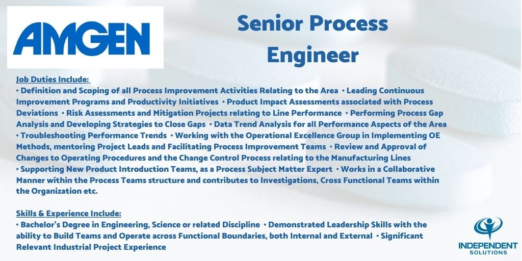 Dublin Amgen Role: Snr Process Engineer
Duties: Definition/scoping of all process improvement activities relating to the area, etc.
Skills: Bachelor’s Degree in Engineering, Sci. or related discipline, etc.
Details > independentsolutions.ie/job-opportunit…
#JobFairy #Pharma #Engineering #Dublin