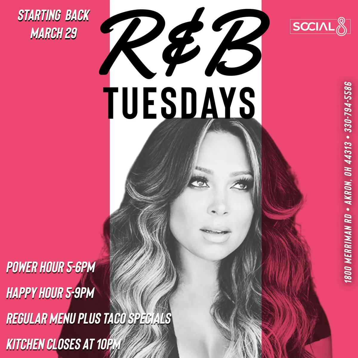 AkronSocial8's tweet photo. R&amp;B Tuesday!!! Full menu is offered today with Taco and Nacho specials. Power Hour 5-6pm and Happy Hour until 9pm. #social8 https://t.co/dPrMtMpCjt