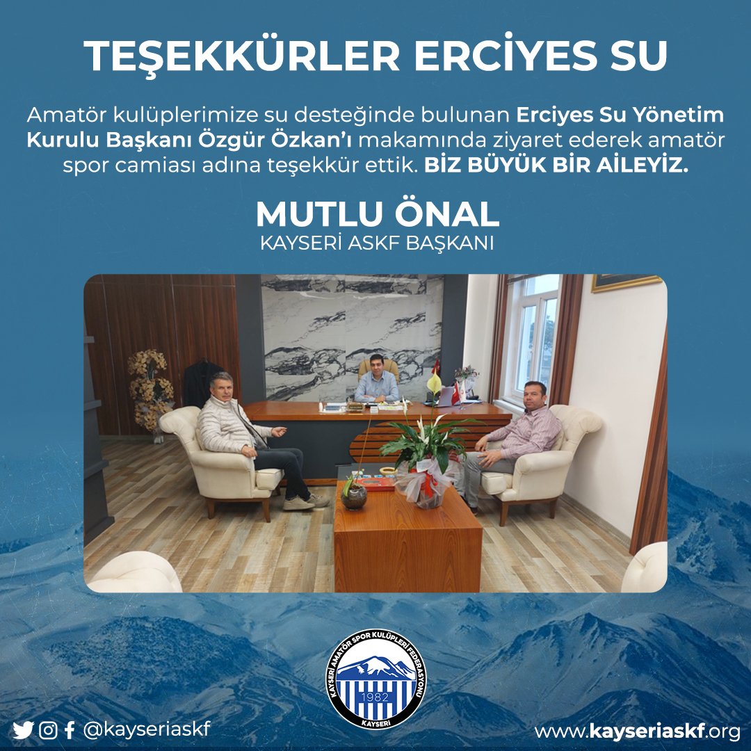 Amatör kulüplerimize su desteğinde bulunan Erciyes Su Yönetim Kurulu Başkanı Özgür Özkan’ı makamında ziyaret ederek amatör spor camiası adına teşekkür ettik.
BİZ BÜYÜK BİR AİLEYİZ.

MUTLU ÖNAL
KAYSERİ ASKF BAŞKANI

#ErciyesSu #Teşekkürler #ÖzgürÖzkan #kayseriaskf