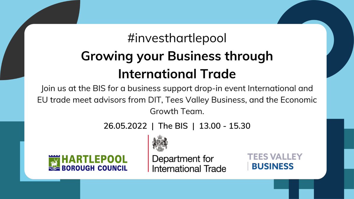 InvestHpool's tweet photo. 📢Growing your business through international trade (Drop-In event)
📅 26.05.2022
🕐 1pm - 3.30pm
📍 The BIS, Whitby Street
Follow the link below to register, or just drop in on the day!
https://t.co/JUyt8x9cxD
#investhartlepool
#HartlepoolBusinessWeek https://t.co/ug3QxGVm6X