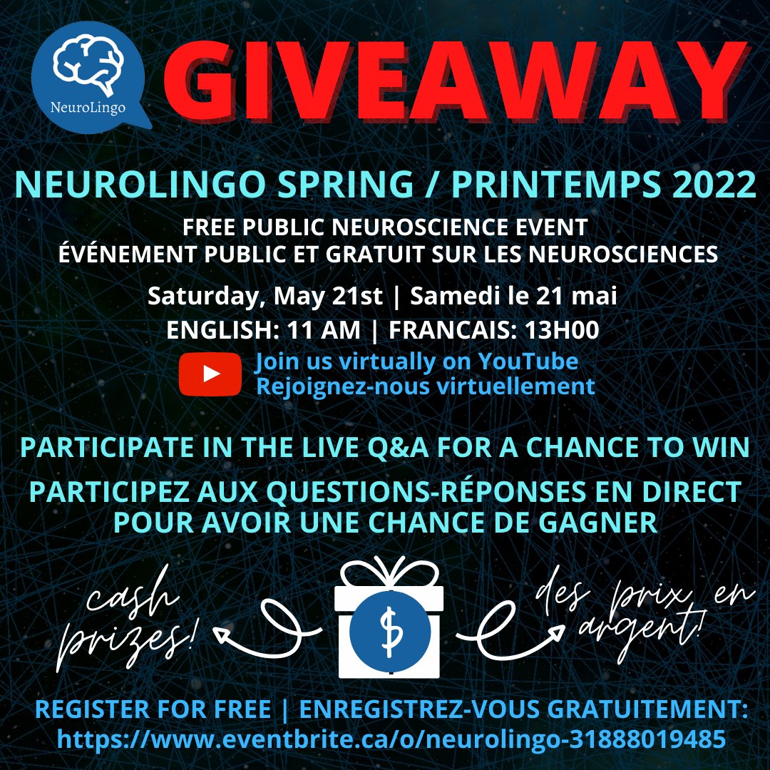 Nous donnerons des prix à quelques-uns des participants qui soumettront des questions lors de la séance de questions et réponses en direct sur YouTube pendant les événements NeuroLingo de ce samedi!🎁

L'inscription est GRATUITE et ouverte à TOUS ! 🧠
eventbrite.ca/e/328959204837