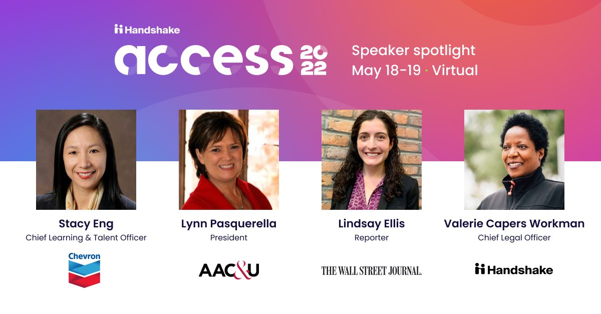 joinHandshake's tweet photo. 💥Starting #HandshakeAccess2022 off with this powerful set of speakers tomorrow:

Stacy Eng of @Chevron, Lynn Pasquerella (@CommishAACU) of @AACU, @lindsayaellis of @WSJ, and @vcapersworkman of @joinHandshake 👏

1 DAY left to register! https://t.co/Z2jiVvuSka https://t.co/ME9jSH26vJ