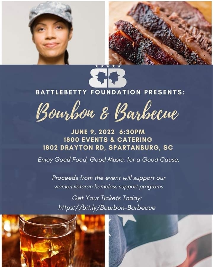 BattleBettyFdn's tweet photo. If you'd like to help us in supporting #WomenVeterans, join us on June 9th for our Bourbon &amp; Barbecue event.

Sponsorship and Ticket information available here: https://t.co/VC221V3FAi

#BourbonAndBarbecue #Veterans #WomenVets #MilitaryWomen #OneSpartanburg #Military https://t.co/6ysK8HvLIc