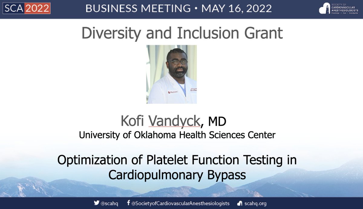 Our @scahq @IARS_Journals Diversity and Inclusion Grant winner at #SCA2022 is Dr. Kofi Vandyck, MD from the University of Oklahoma Health Sciences Center for his work 'Optimization of Platelet Function Testing in Cardiopulmonary Bypass'. Congratulations!!
