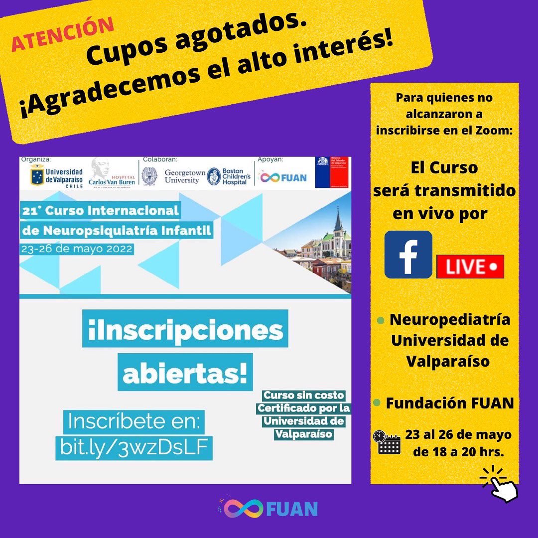 Desde #FUAN tenemos el honor de apoyar el 21º Curso Internacional de Neuropsiquiatría Infantil, organizado por <a href="/neuropeduv/">Neuropediatría UV</a>. Curso gratuito dirigido a familias y profesionales. Cupos x zoom agotados pero SI se podrá ver x facebook Live ♾🌈 #TodxsDiferentesTodxsValiosxs